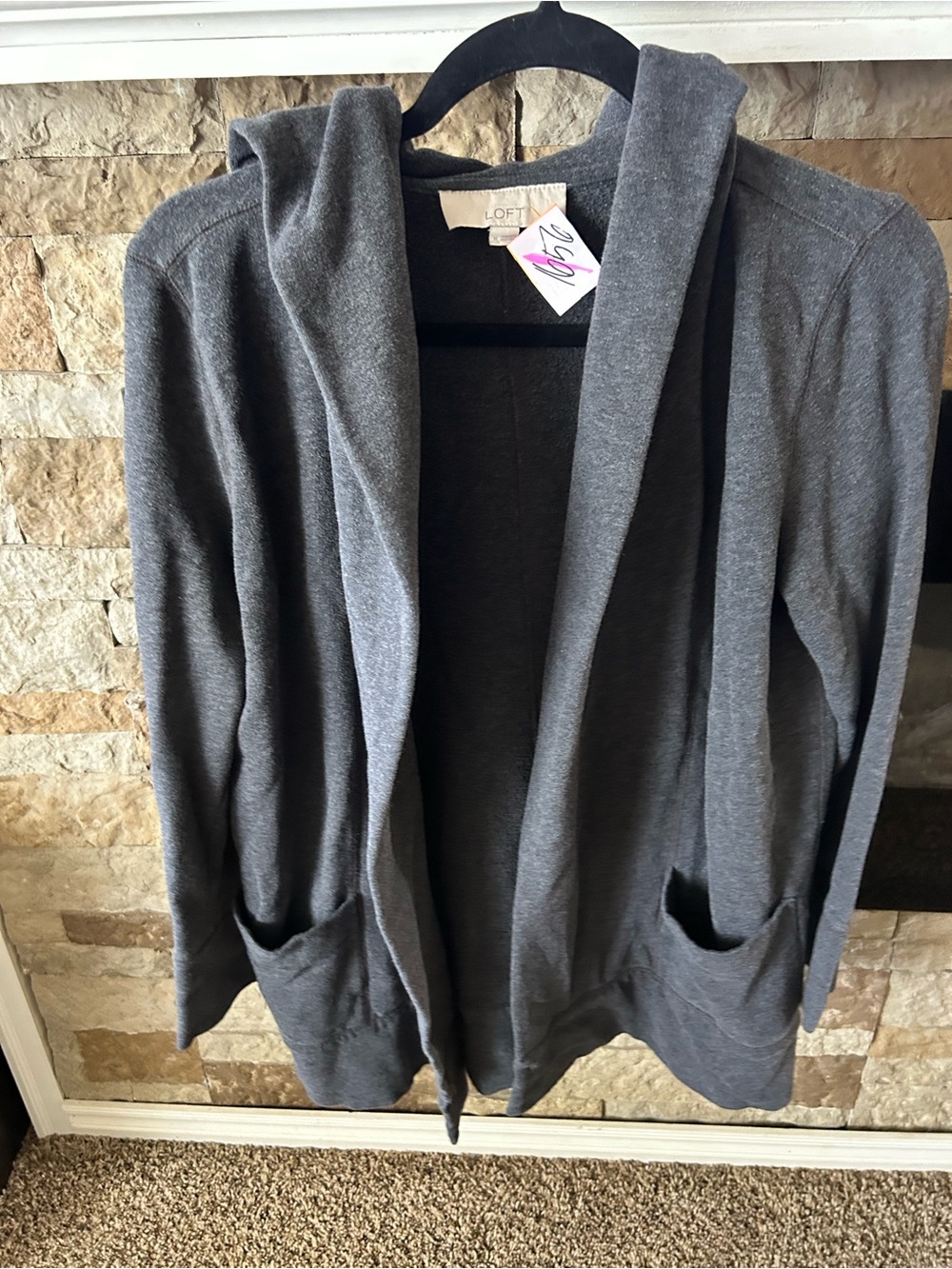 LOFT Charcoal Gray Hooded Open-Front Cardigan with Pockets